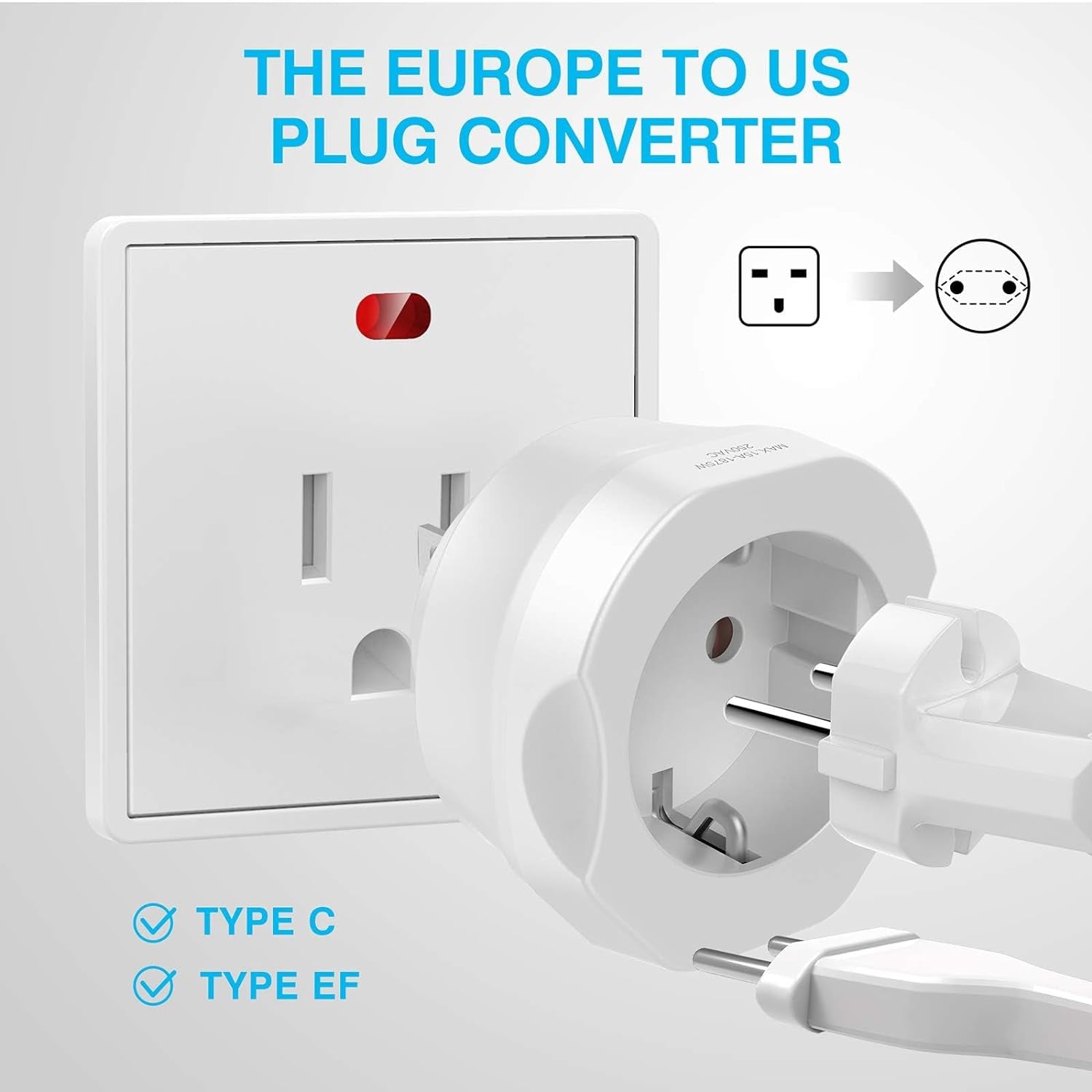 1 Pack European to US Plug Adapter,  EU to US Adapter, Europe to USA Travel Converter for Most of EU Spain France Type C E F Plugs to America